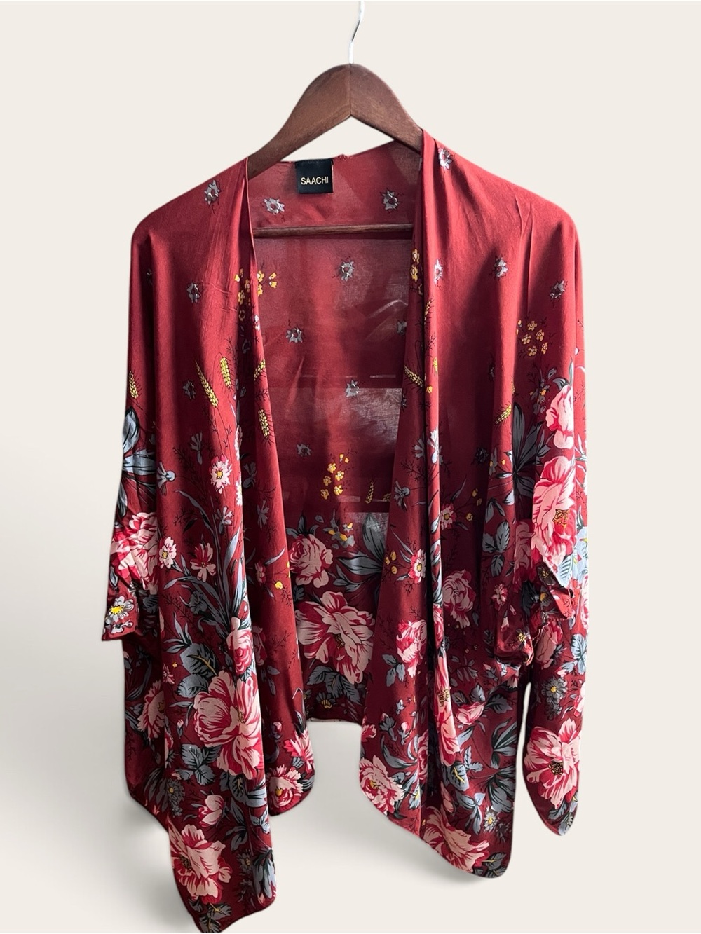 SAACHI Burgundy Floral Ruana Wrap Shawl One Size